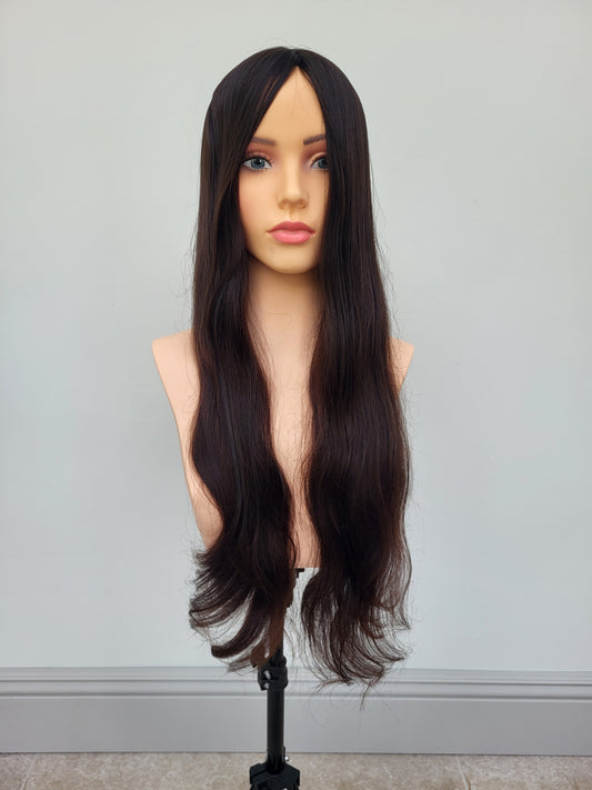 European hair piece topper with long dark brown hair